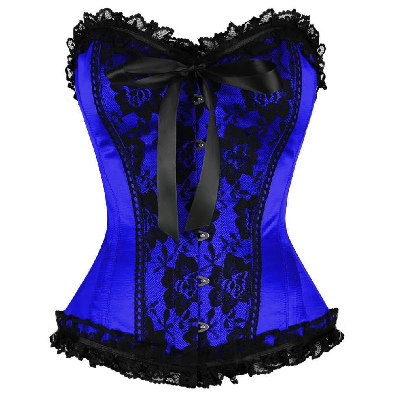 Plus Size Blue Satin Corset Waist Training Black Frill Net Gothic Burlesque Bustier Overbust