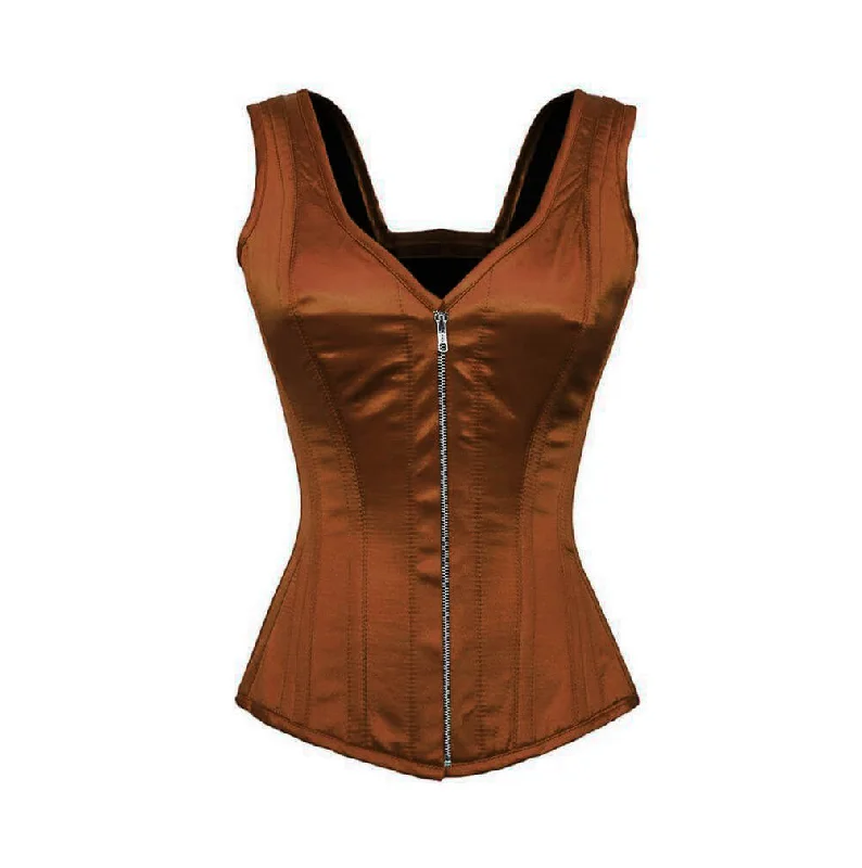 Plus Size Brown Satin Shoulder Straps Gothic Corset Waist Training Overbust Top