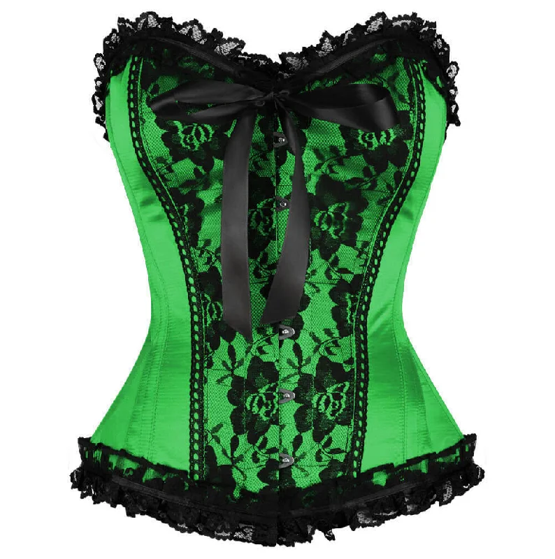 Plus Size Green Satin Mardi Gras Corset Waist Training Black Frill N Net Gothic Burlesque Bustier Overbust