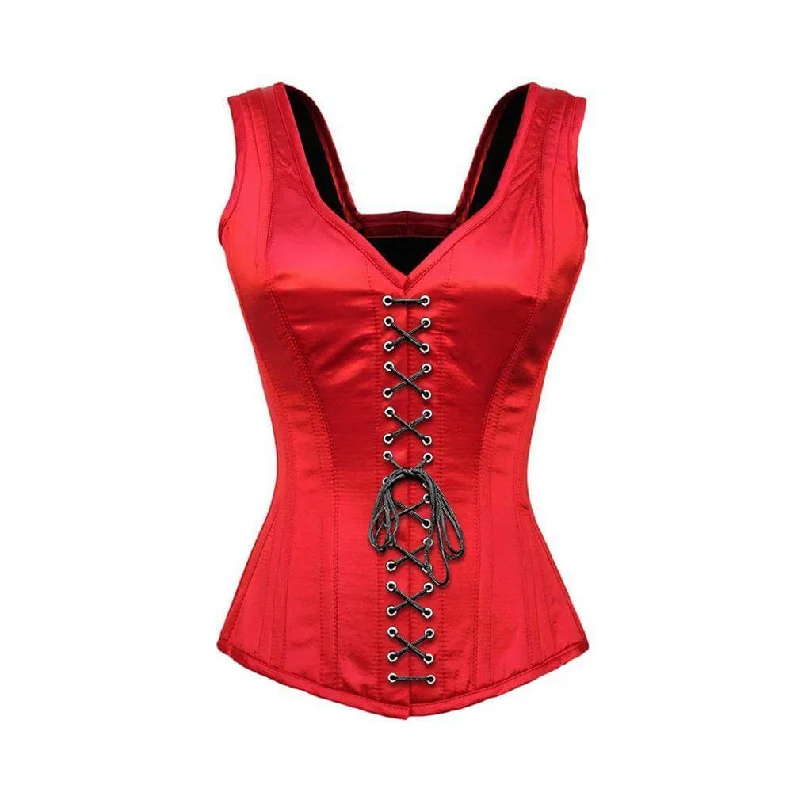 Plus Size Red Satin Corset Shoulder Straps Gothic Burlesque Bustier Waist Training Overbust