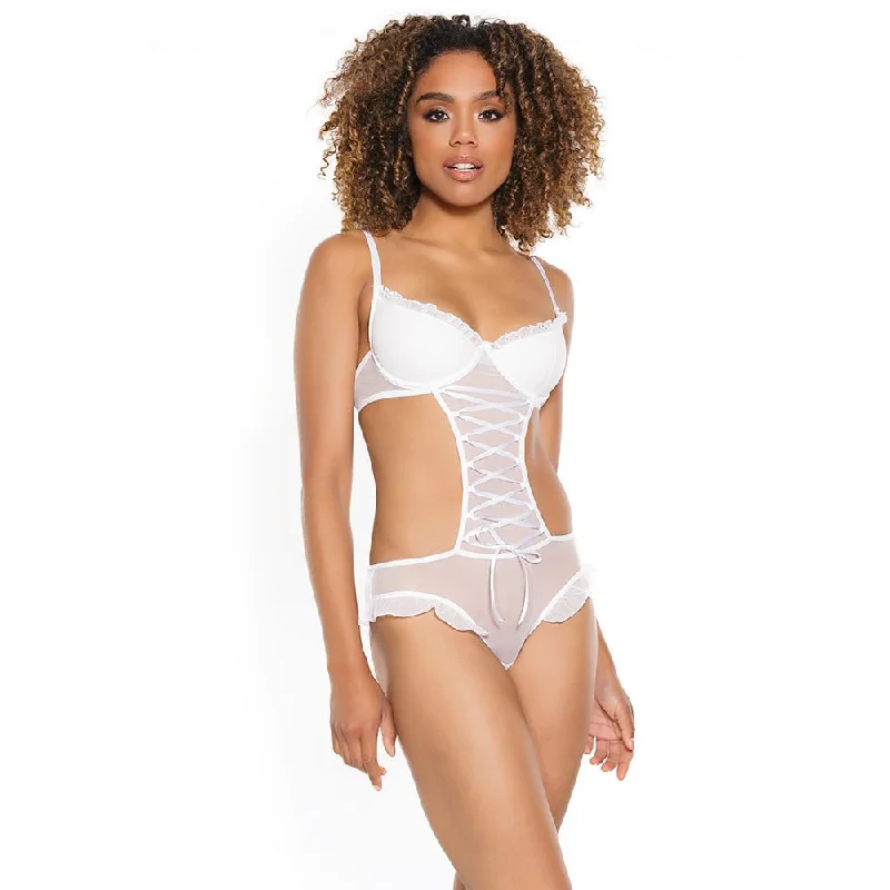 Coquette Mesh Crotchless Open-back Teddy With Corset Detail White L