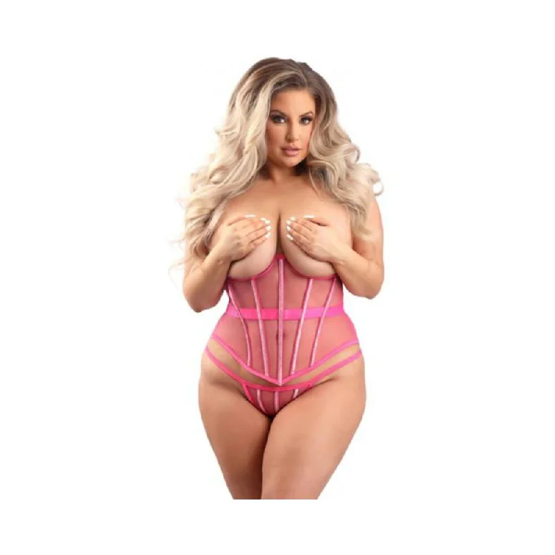 Fantasy Lingerie Underbust Corset with Lurex Detail and G-String Hot Pink 2XL