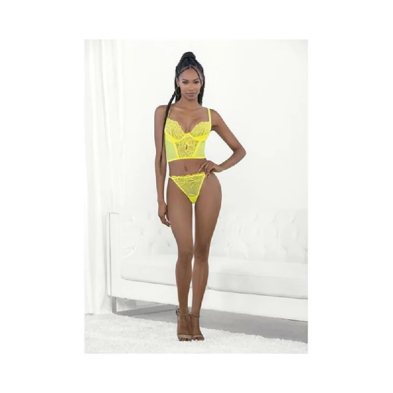 Neon Lace Corset Top W/ring Accent & Panty Neon Lime Lg