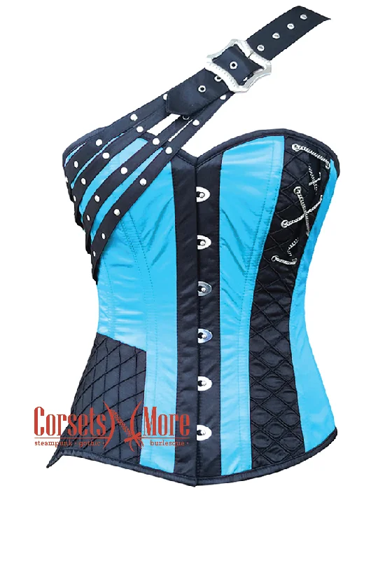 Plus Size Baby Blue and Black Satin Gothic Steampunk Costume Overbust Bustier Top