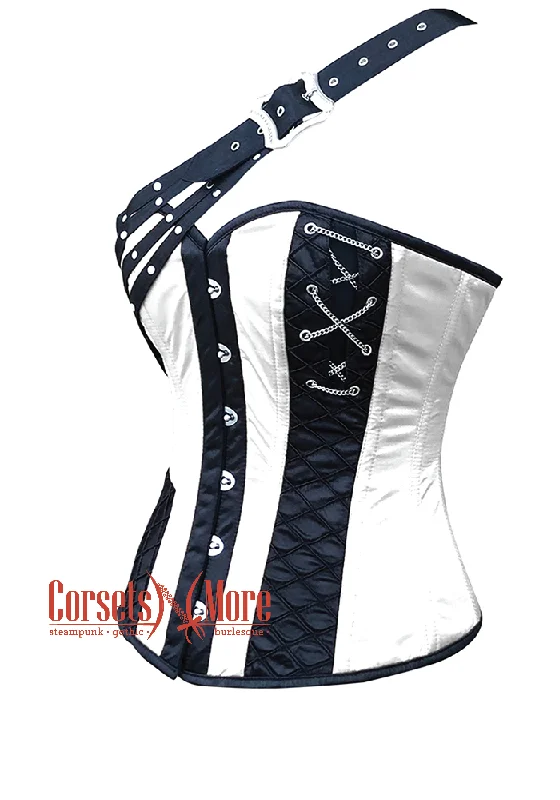 Plus Size Black and White Satin Gothic Steampunk Costume Overbust Bustier Top