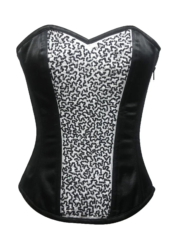 Plus Size Black And White Satin Sequins Gothic Burlesque Corset Waist Cincher Overbust