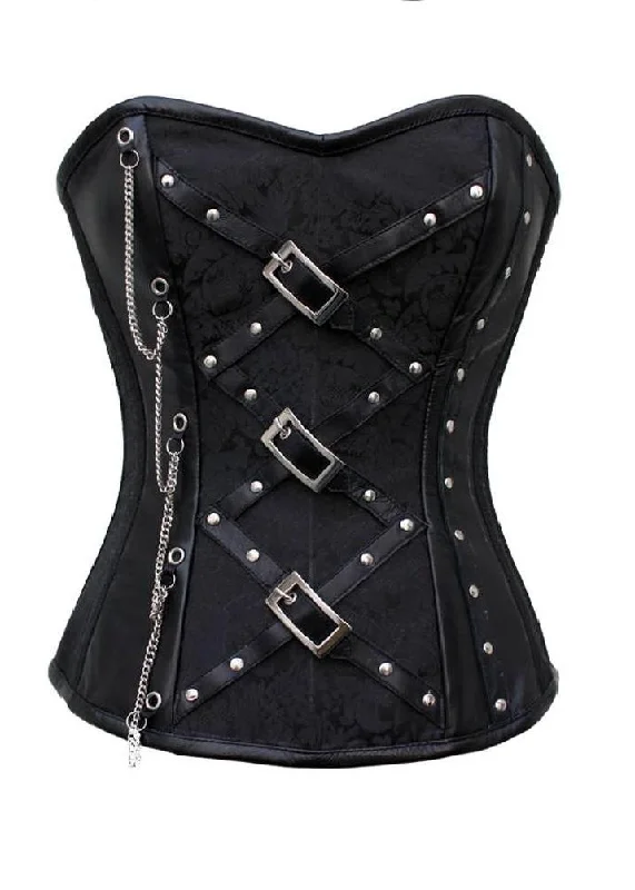 Plus Size Black Brocade Zigzag Leather Straps Overbust Corset Waist Training Top