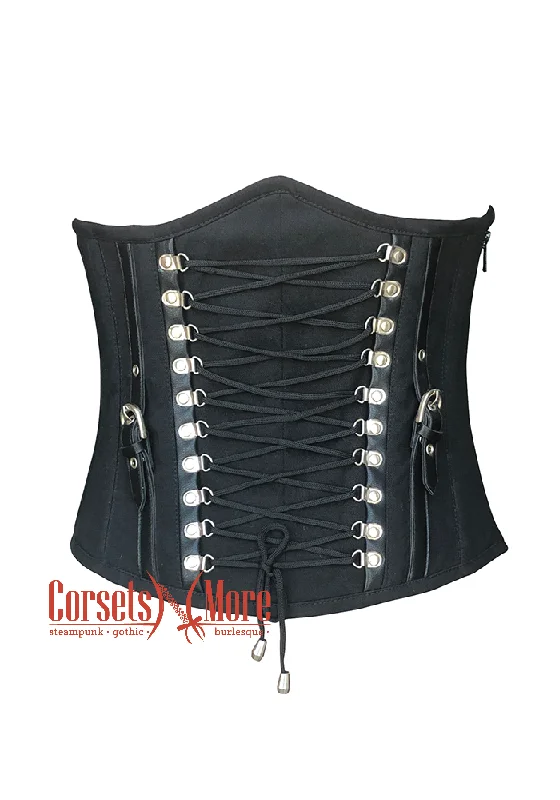 Plus Size Black Cotton Twill with Leather Belts Design and Side Zipper Underbust Corset Top