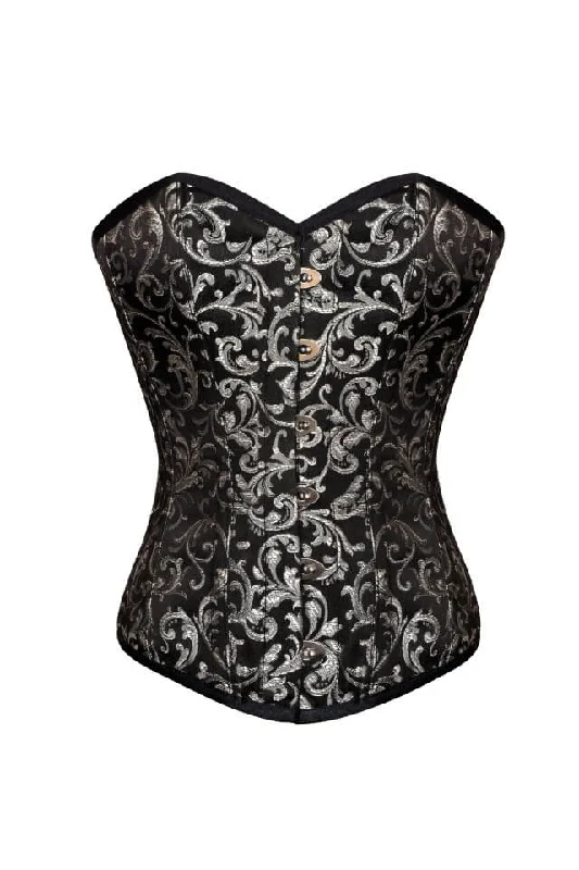 Plus Size Black Silver Brocade Gothic Burlesque Corset Waist Training Overbust