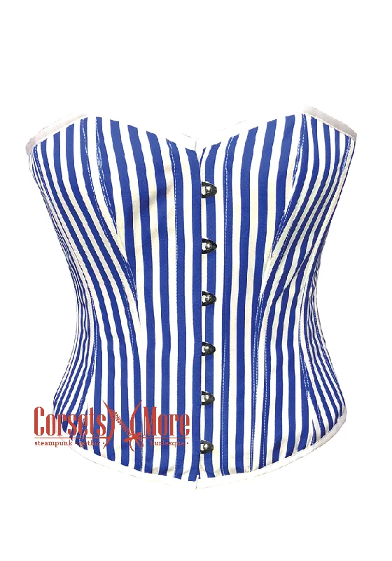 Plus Size Blue and White Vertical Striped Satin Gothic Costume Waist Training Overbust Bustier Top