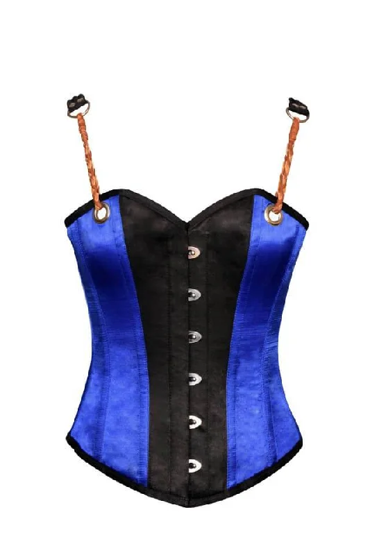 Plus Size Blue Black Satin Leather Shoulder Straps Steampunk Corset Overbust