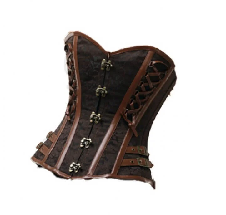 Plus Size Brown Brocade Leather Straps Gothic Steampunk Bustier Waist Training Overbust Corset Top