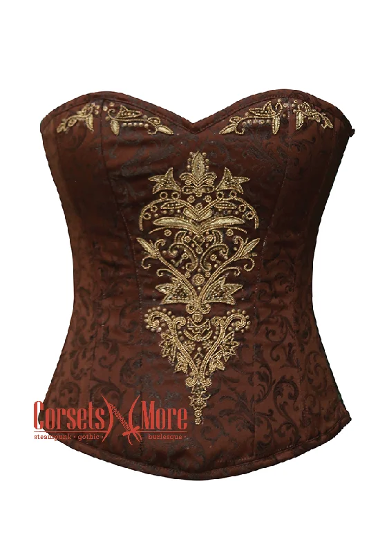 Plus Size Brown Brocade Sequins Hand Work Burlesque Overbust Corset Top