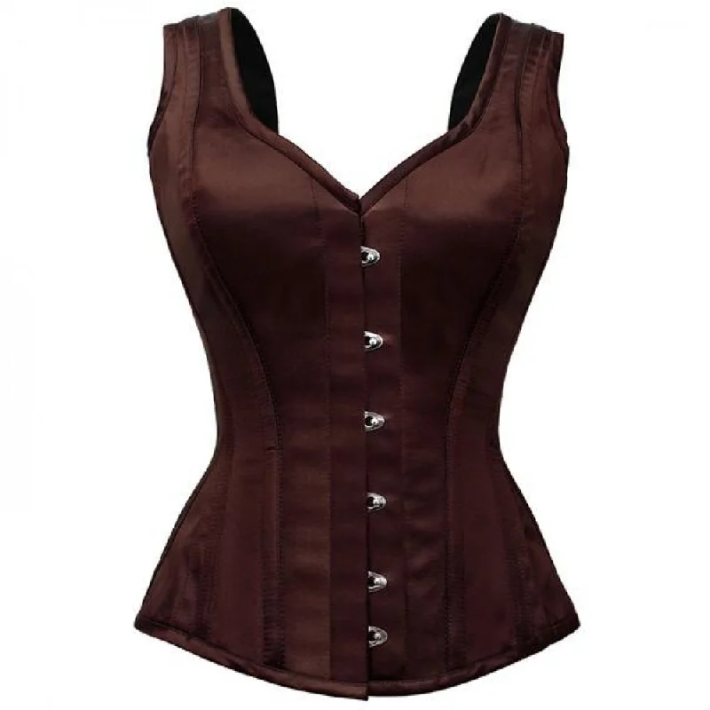 Plus Size Brown Satin Shoulder Strap Gothic Burlesque Bustier Waist Training Overbust Corset Costume