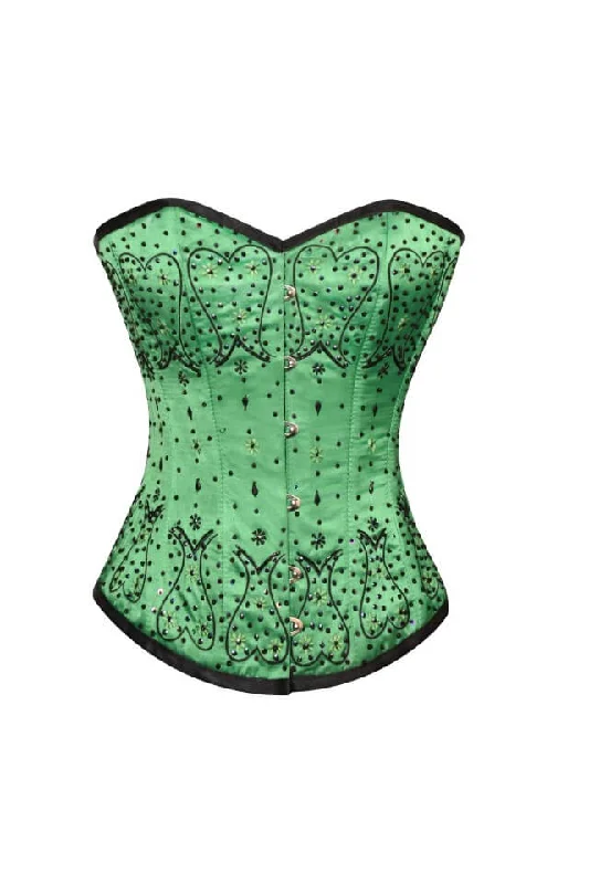 Plus Size Green Satin Black Sequins Gothic Burlesque Corset Waist Training Overbust