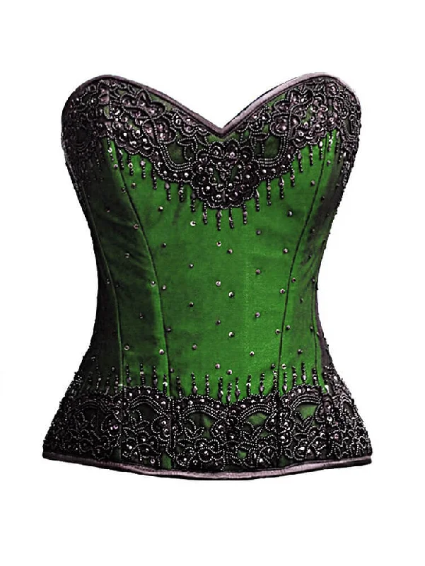 Plus Size Green Satin Corset Black Handmade Sequins Gothic Waist Training Overbust Costume