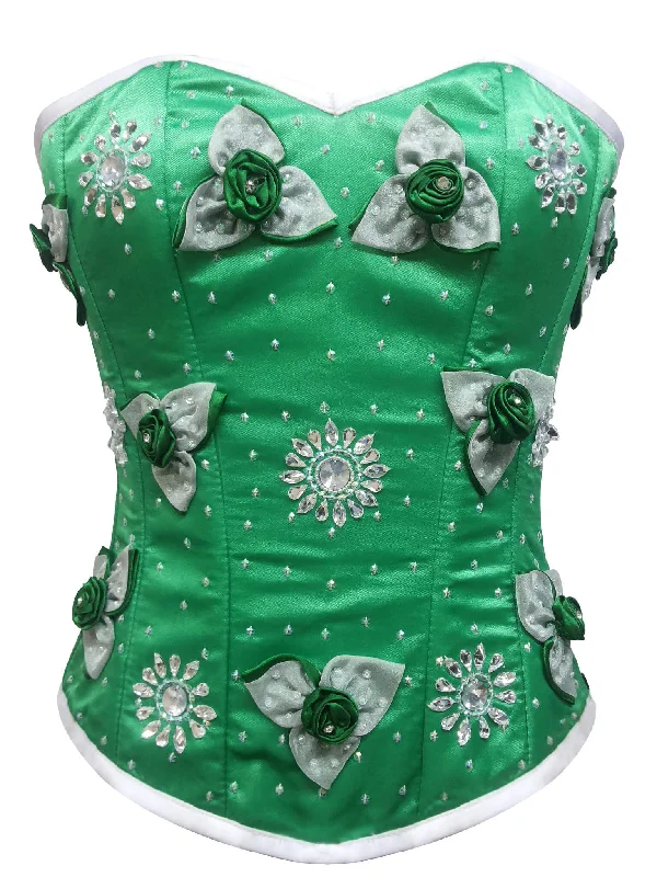 Plus Size Green Satin Sequins Gothic Burlesque Corset Waist Training Women Overbust