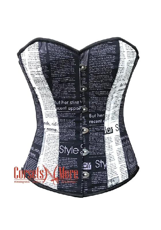 Plus Size Newspaper Print Cotton Black and White Corset Gothic Bustier Overbust Corset Top