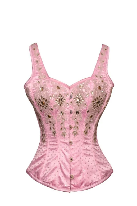 Plus Size Pink Satin Silver Sequins Shoulder Straps Gothic Corset Waist Training Overbust