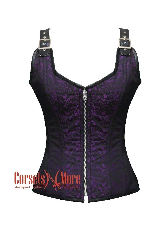 Plus Size Purple and Black Brocade Overbust Corset With Straps Outerwear Costume