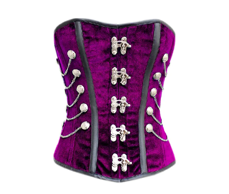 Plus Size Purple Velvet Black Faux Leather Stripes Gothic Corset Overbust Costume for Mardi Gras