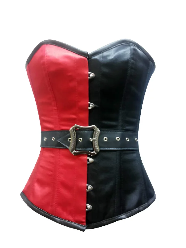 Plus Size Red Black Satin Leather Belt Gothic Steampunk Bustier Waist Training Burlesque Overbust Corset Costume