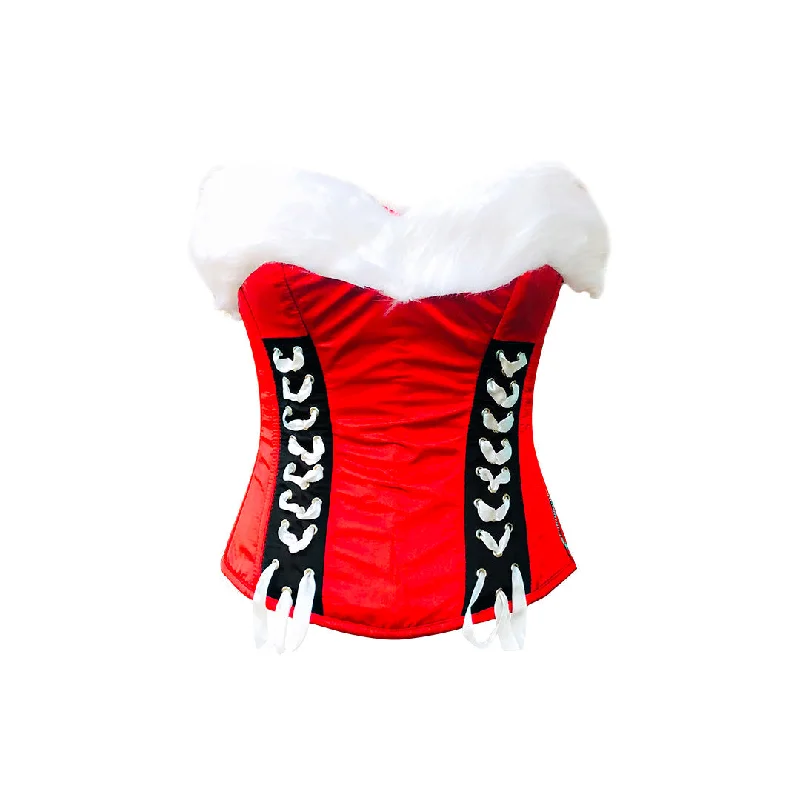 Plus Size Red Satin White Fur Valentine Costume Overbust Bustier Halloween Corset Top