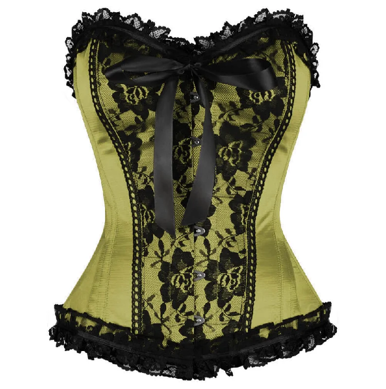 Plus Size Waist Training Olive Green Satin Corset Black Frill N Net Gothic Burlesque Overbust