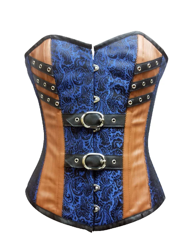 Plus Size Women’s Blue Brocade Brown Leather Gothic Steampunk Bustier Waist Training Overbust Corset Costume