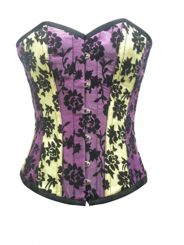 Plus Size Yellow Purple Satin Gothic Burlesque Corset Floral Overbust Tissue Flocking