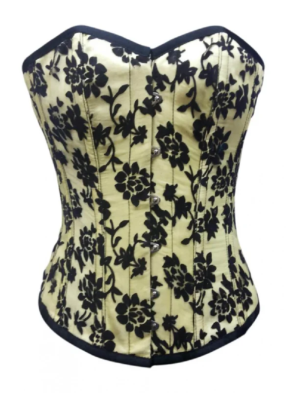 Plus Size Yellow Satin Black Tissue Flocking Gothic Burlesque Corset Waist Training Overbust