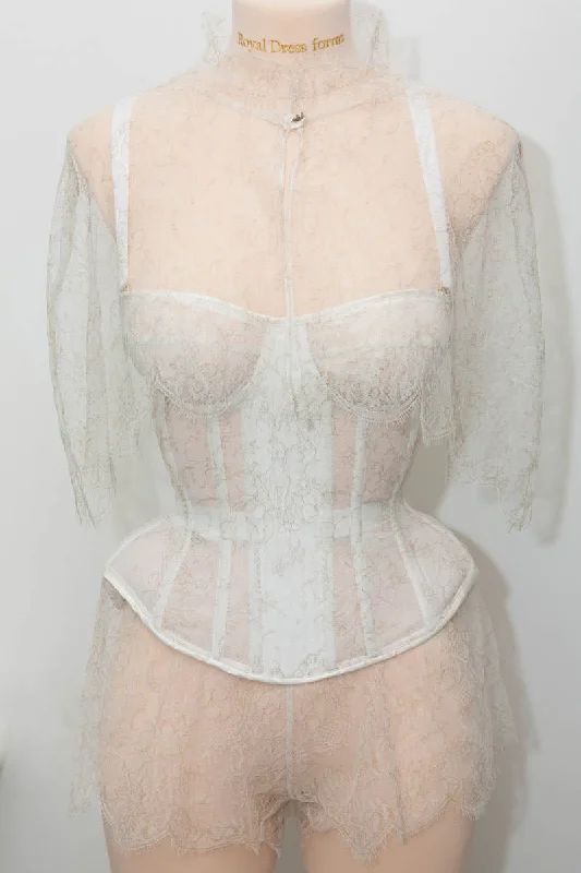 SAMPLE: Bridal ensemble: cupped corset, capelet & tap pants in ivory/gold lace: KL 8 - 30D/32C/34B bust, 21" waist, UK 10