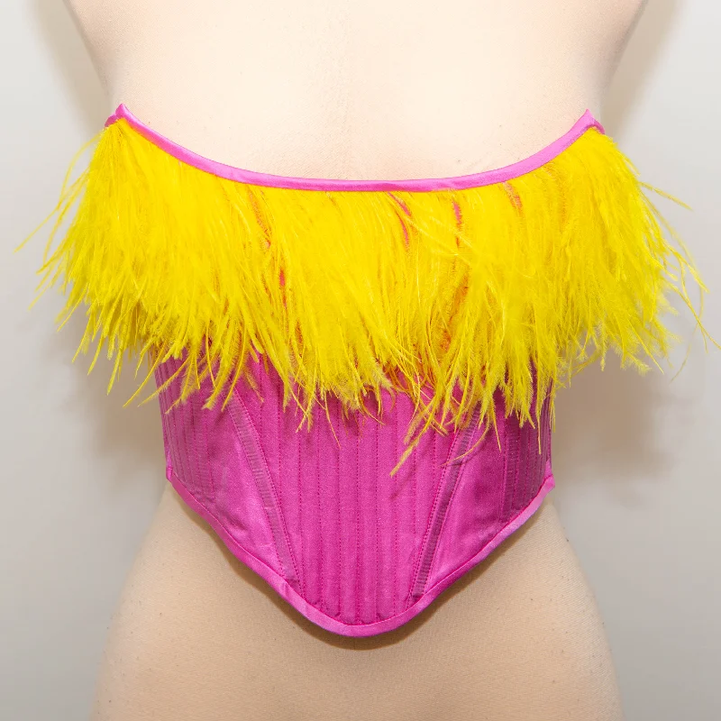 SAMPLE - Pink/Yellow Silk Short Stays With Feather Trim - UK 8-10