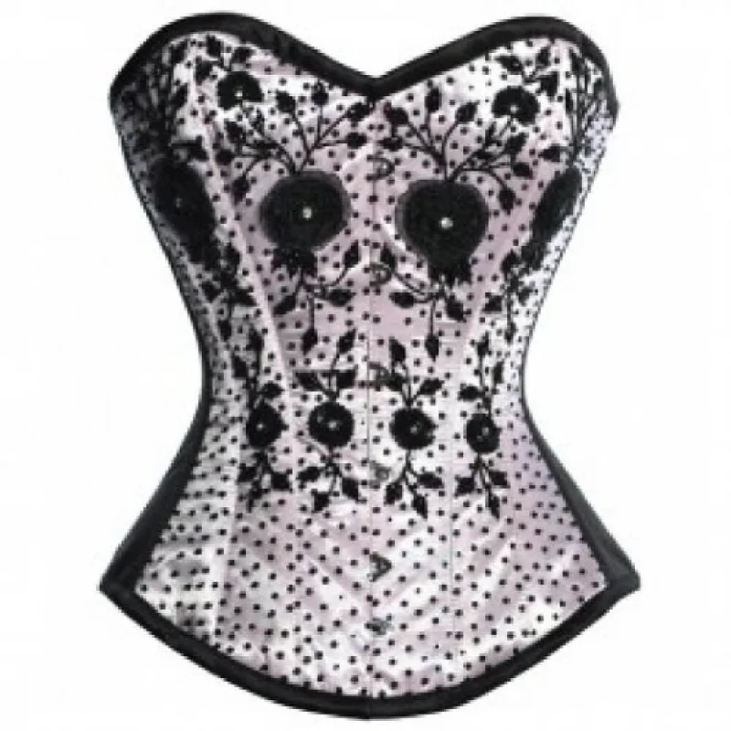 Plus Size White Satin Black Handmade Sequins Gothic Burlesque Bustier Overbust Corset Costume